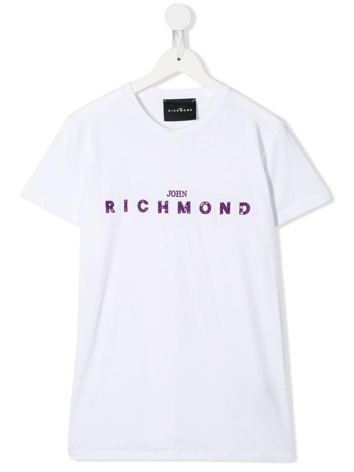 John Richmond Junior Sequin-embroidered Logo T-shirt - White