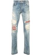 Fagassent Distressed Red Panel Skinny Jeans - Blue