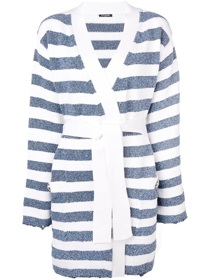 Balmain Striped Tie Waist Cardigan - White