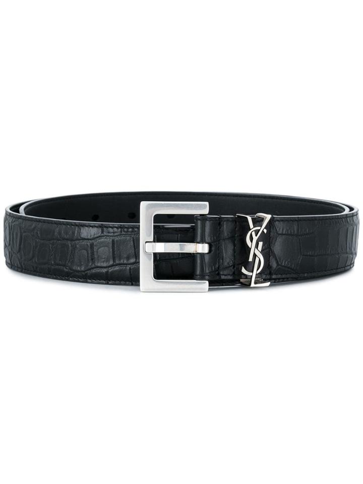 Saint Laurent Croco Embossed Monogram Belt - Black