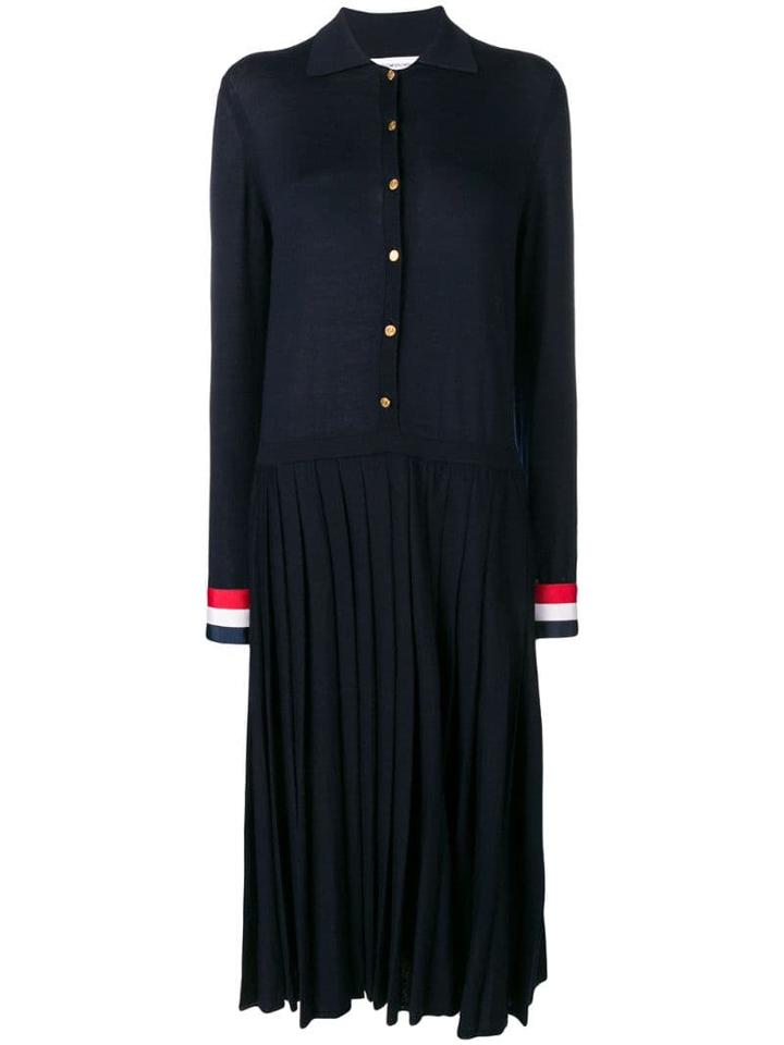 Thom Browne Grosgrain Cuff Pleated Polo Dress - Blue