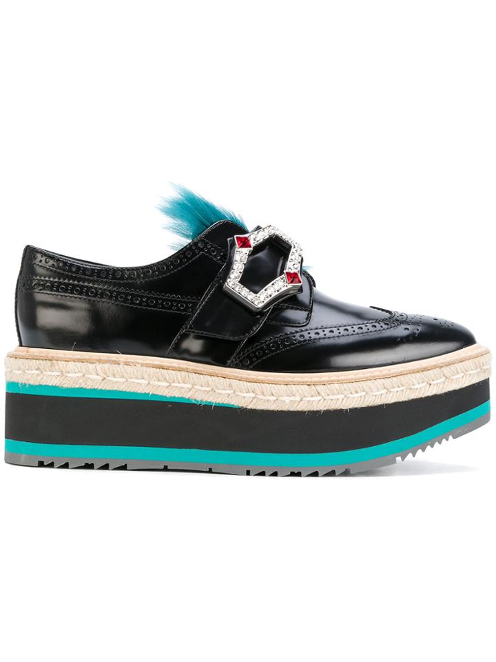 Prada Jewelled Raffia Platform Brogues - Black