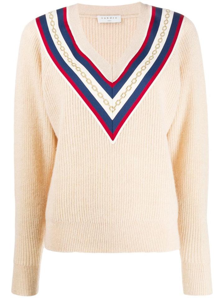 Sandro Paris Chain Embroidery Chevron Sweater - Neutrals