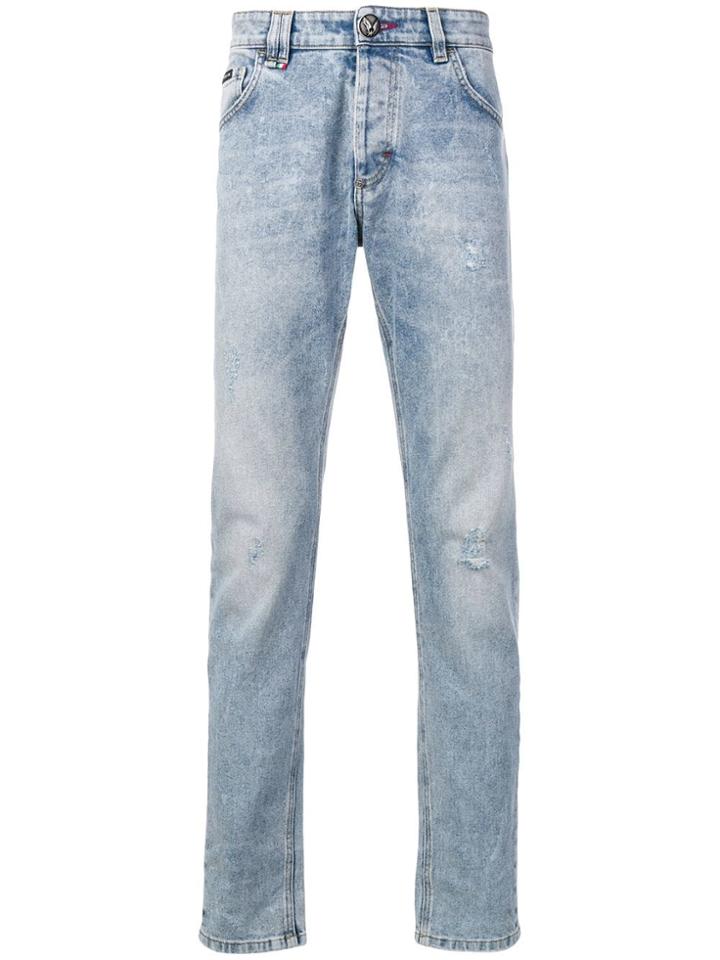 Philipp Plein Faded Distressed Slim Jeans - Blue