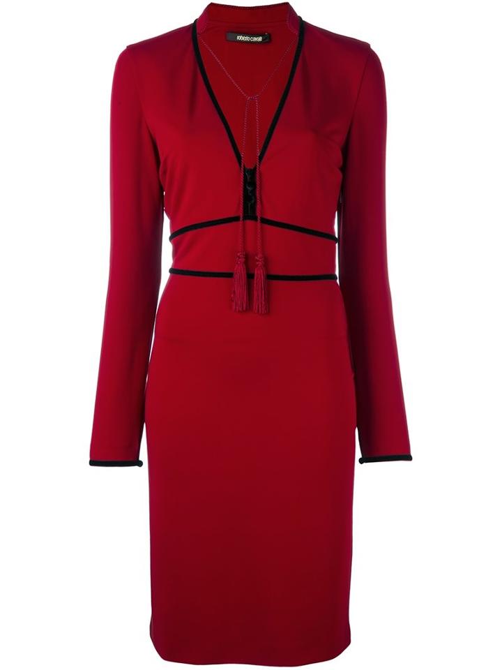 Roberto Cavalli Tassel Neck Fitted Dress, Women's, Size: 50, Red, Viscose/spandex/elastane