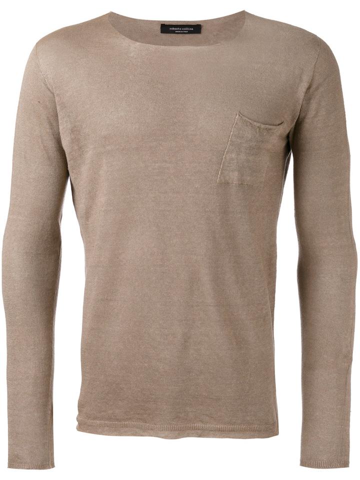 Roberto Collina Patch Pocket Jumper, Men's, Size: 52, Brown, Linen/flax