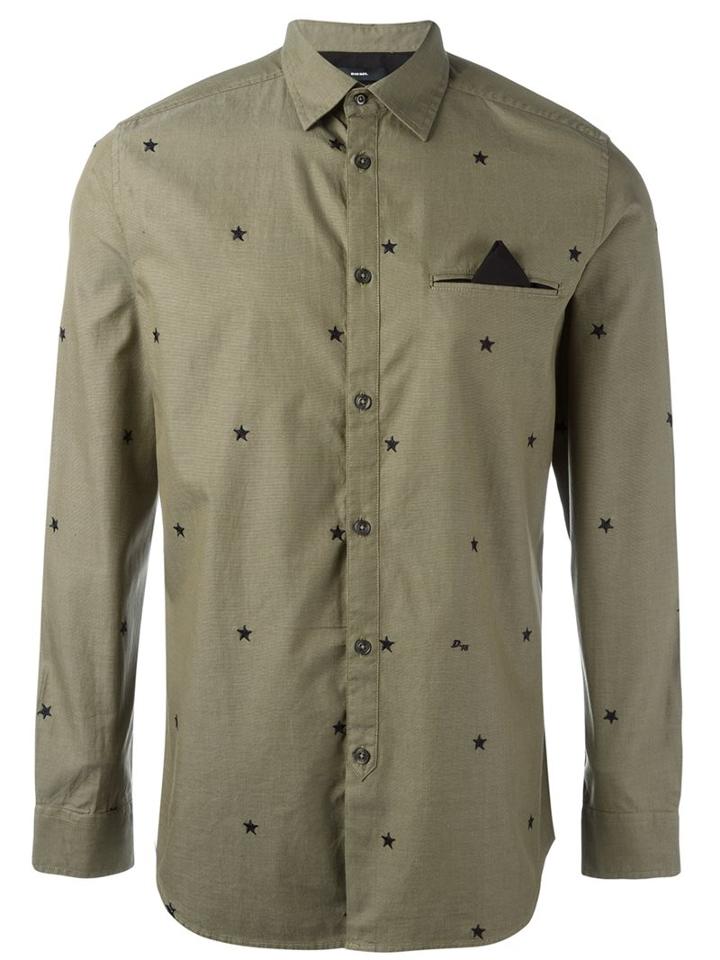 Diesel Embroidered Star Shirt, Men's, Size: Xl, Green, Cotton