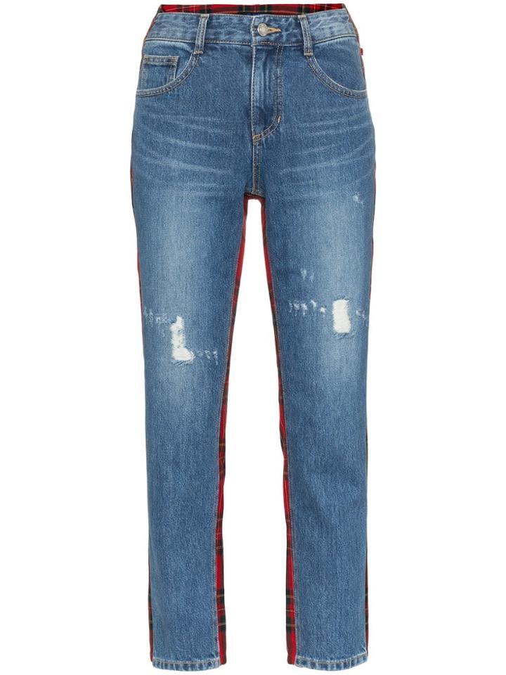 Sjyp Denim And Tartan Straight-leg Jeans - Blue