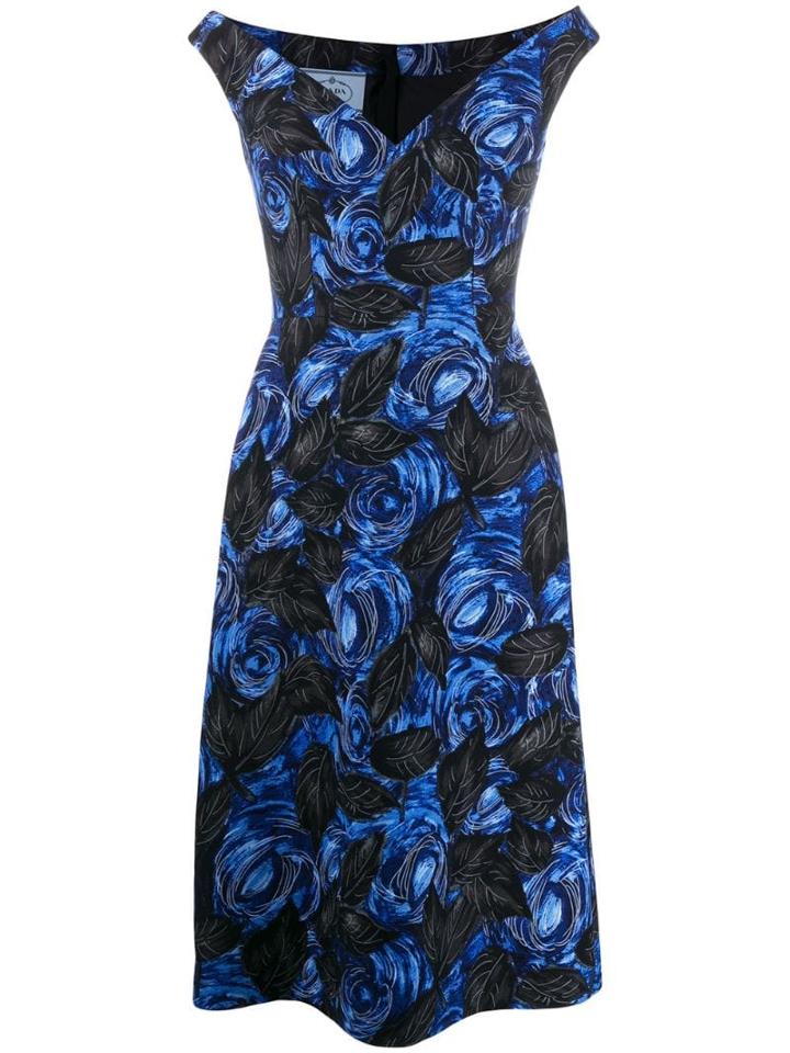 Prada Off-the-shoulder Rose Print Dress - Blue