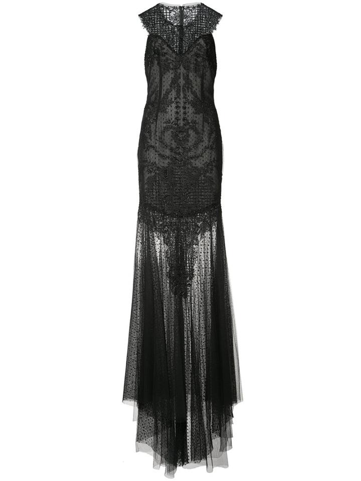 Monique Lhuillier - Sheer Embellished Gown - Women - Silk/cotton/nylon/polyamide - 4, Black, Silk/cotton/nylon/polyamide