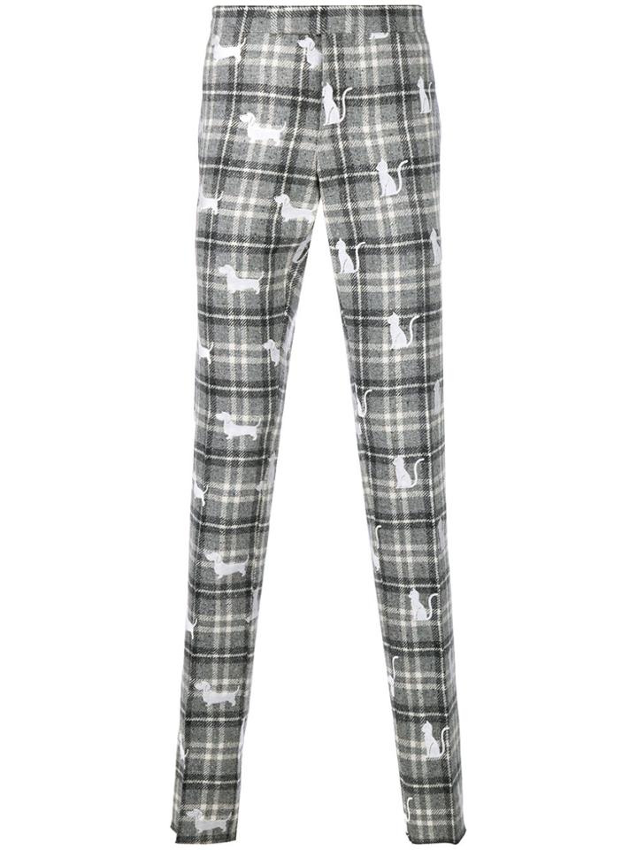 Thom Browne Checked Cat And Dog Print Trousers - Grey