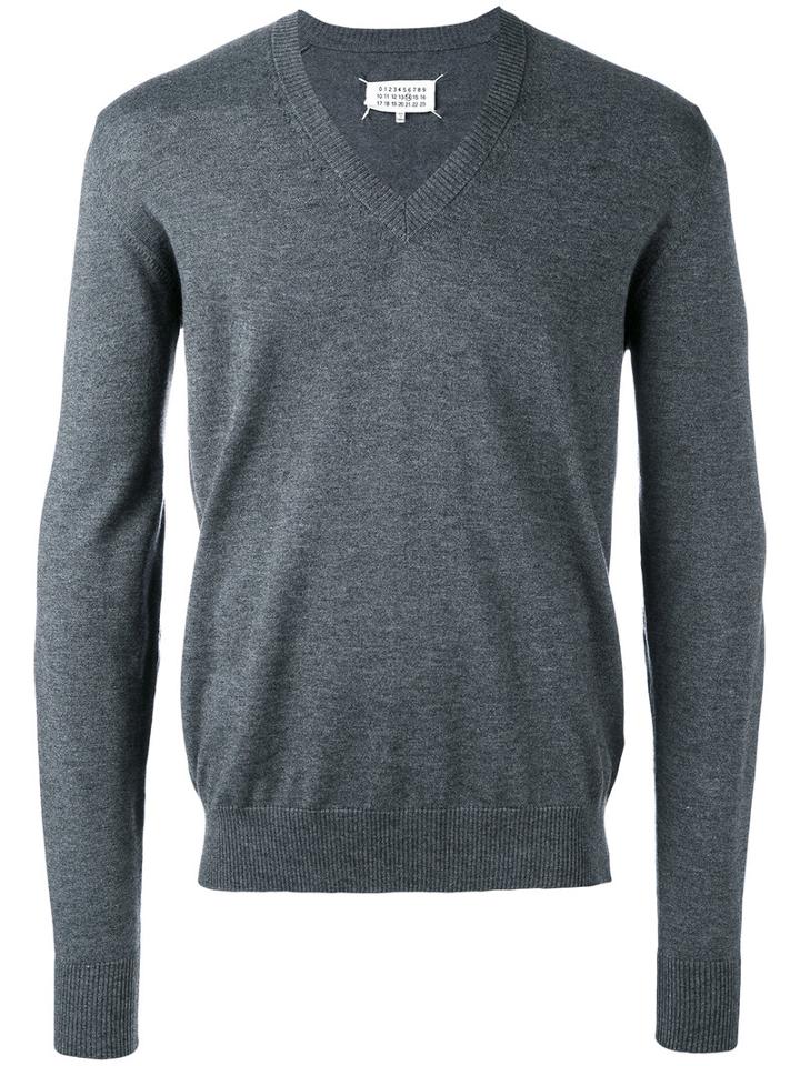 Maison Margiela - Elbow Patch V-neck Jumper - Men - Cotton/calf Leather/wool - Xxl, Grey, Cotton/calf Leather/wool