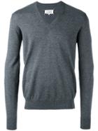 Maison Margiela - Elbow Patch V-neck Jumper - Men - Cotton/calf Leather/wool - Xxl, Grey, Cotton/calf Leather/wool