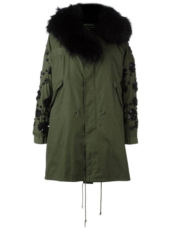 Night Market Embellished Hooded Coat, Women's, Size: Medium, Green, Cotton/polyamide/racoon Fur/rabbit Fur