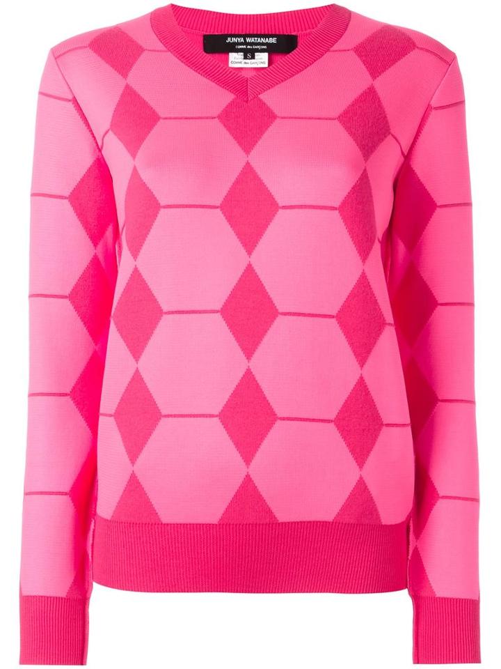 Junya Watanabe Comme Des Garçons Jacquard V Neck Jumper, Women's, Size: Small, Pink/purple, Polyester/wool