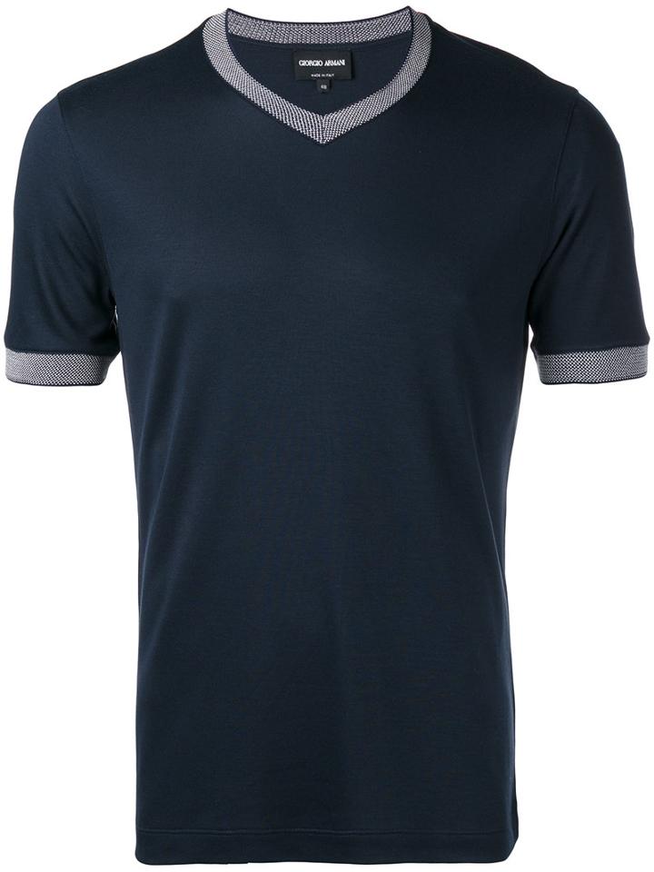 Giorgio Armani Contrast V-neck T-shirt, Men's, Size: 54, Blue, Silk/viscose