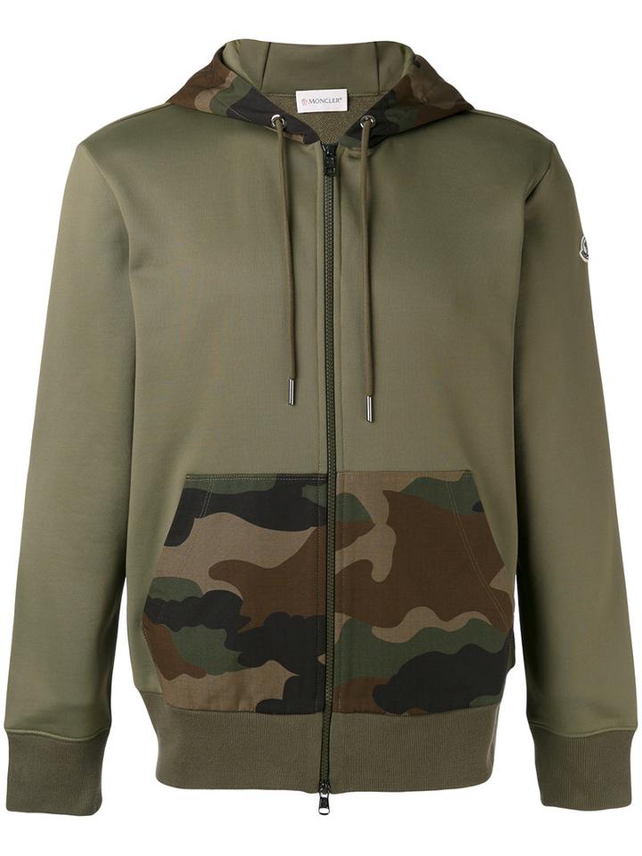 Moncler Camouflage Panel Zipped Hoodie, Men's, Size: Large, Green, Cotton/polyamide