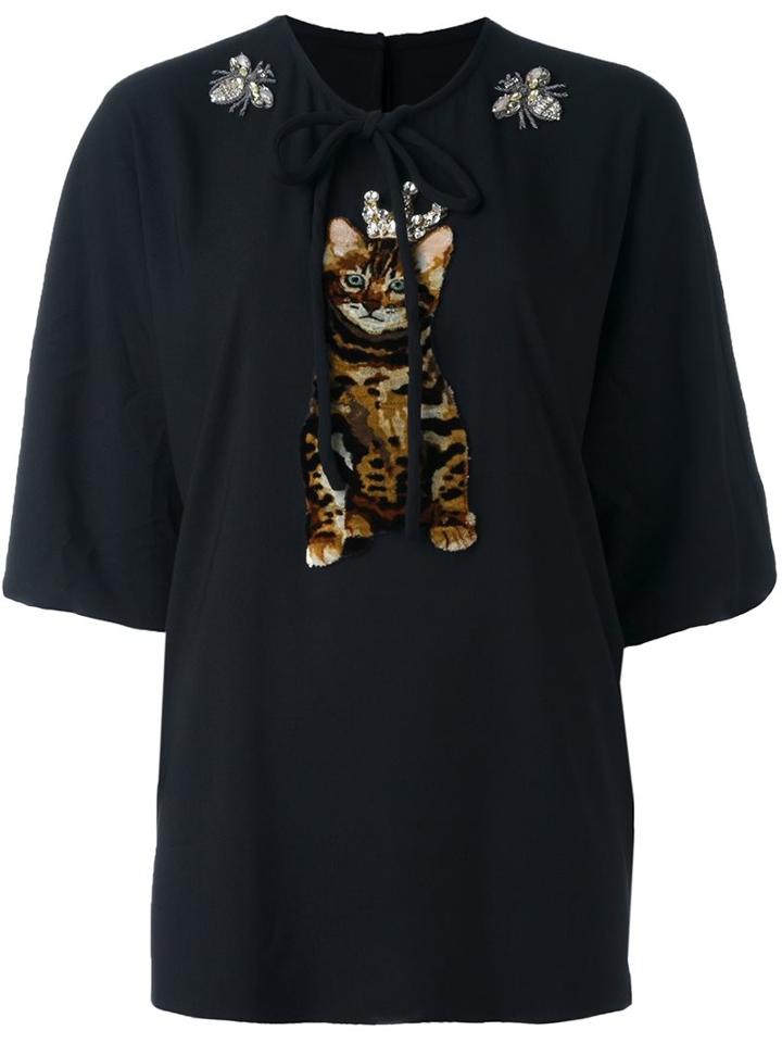 Dolce & Gabbana Crowned Kitten Patch Top, Women's, Size: 38, Black, Viscose/silk/spandex/elastane