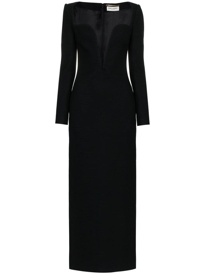 Saint Laurent Plunging Sweetheart Neck Wool Column Dress - Black