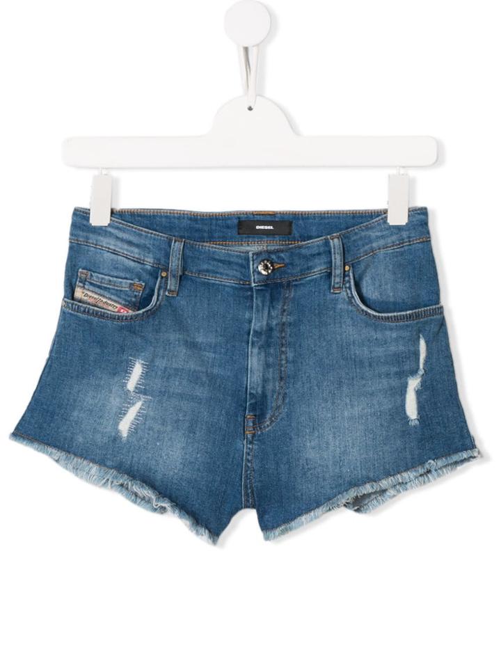 Diesel Kids Teen Ripped Hem Denim Shorts - Blue