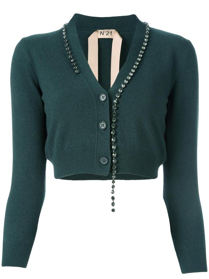 No21 Embellished Cardigan, Women's, Size: 44, Green, Virgin Wool/cashmere/glass/metal (other)
