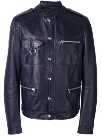 Lanvin Press Stud Leather Jacket, Men's, Size: 54, Blue, Lamb Skin/viscose/cotton/polyester
