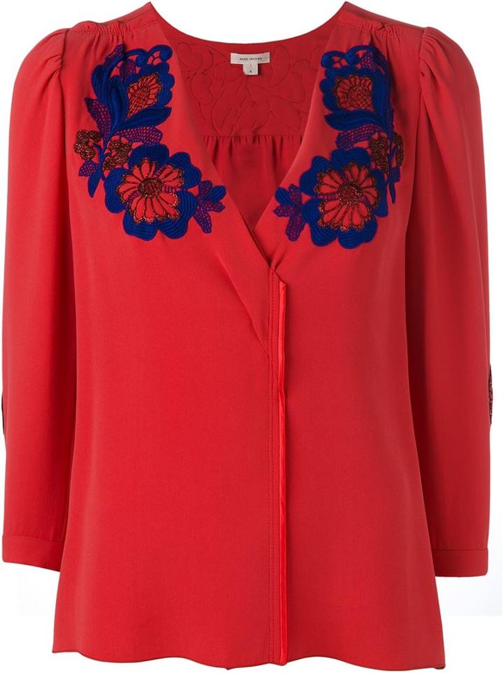 Marc Jacobs Embroidered Flower Blouse, Women's, Size: 4, Red, Silk/cotton