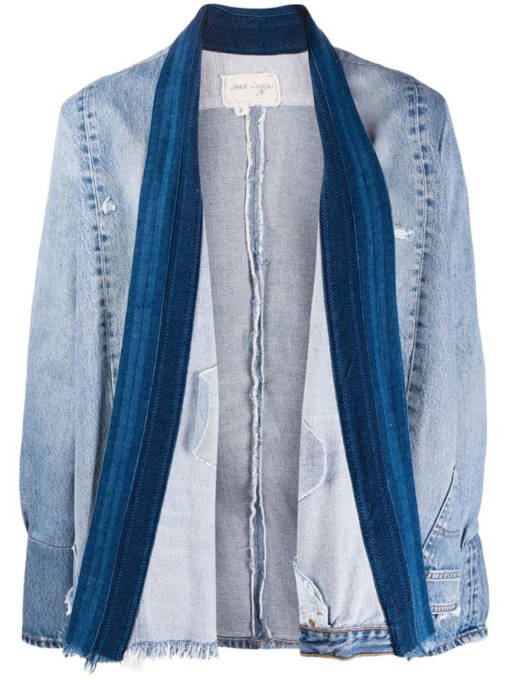 Greg Lauren Scarf-panelled Denim Jacket - Blue