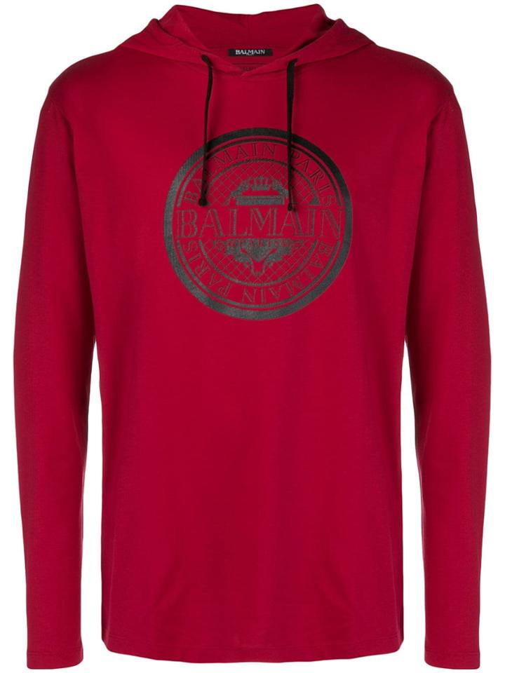 Balmain Logo Print Hoodie - Red