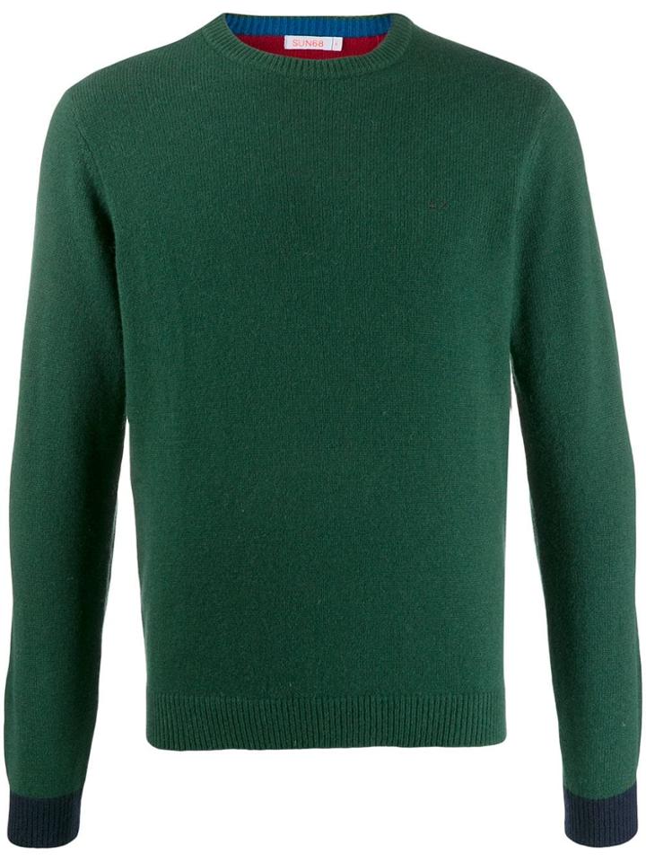 Sun 68 Contrast Cuff Logo Jumper - Green