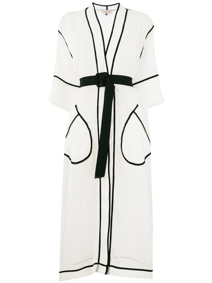 Murmur Contrast Piped Belted Kimono Coat - White