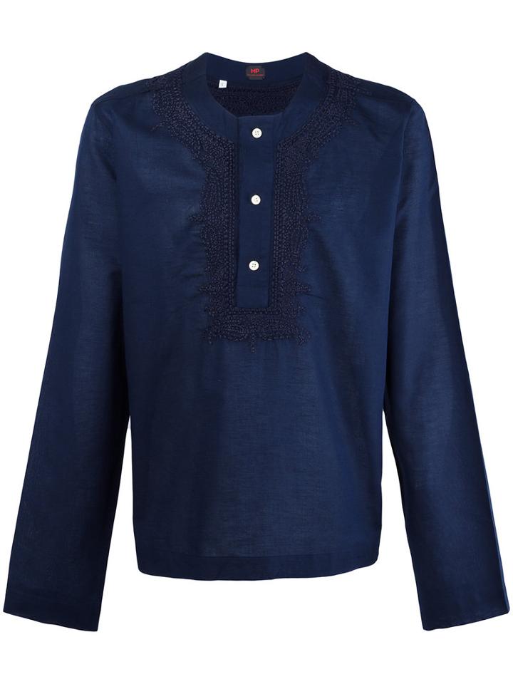 Mp Massimo Piombo Embroidered Trim Buttoned Tunic, Men's, Size: Xl, Blue, Cotton/linen/flax