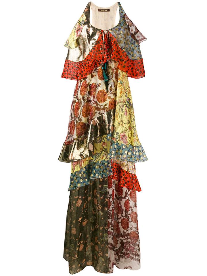 Roberto Cavalli Ruffle Tier Printed Maxi Dress, Women's, Size: 40, Red, Silk/polyester