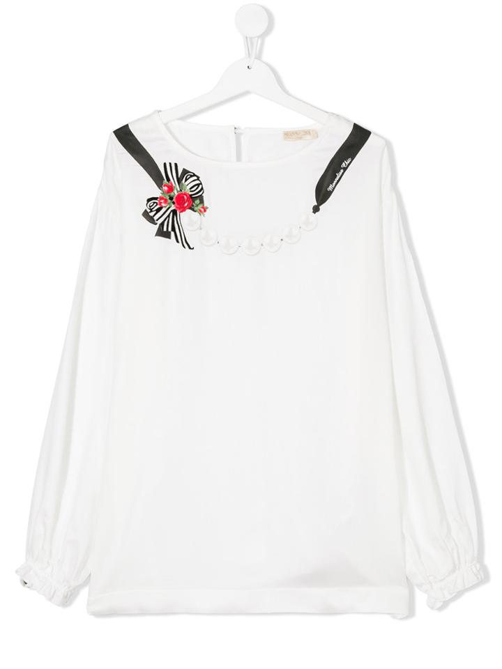 Monnalisa Chic Bow Print Long Sleeve T-shirt - White