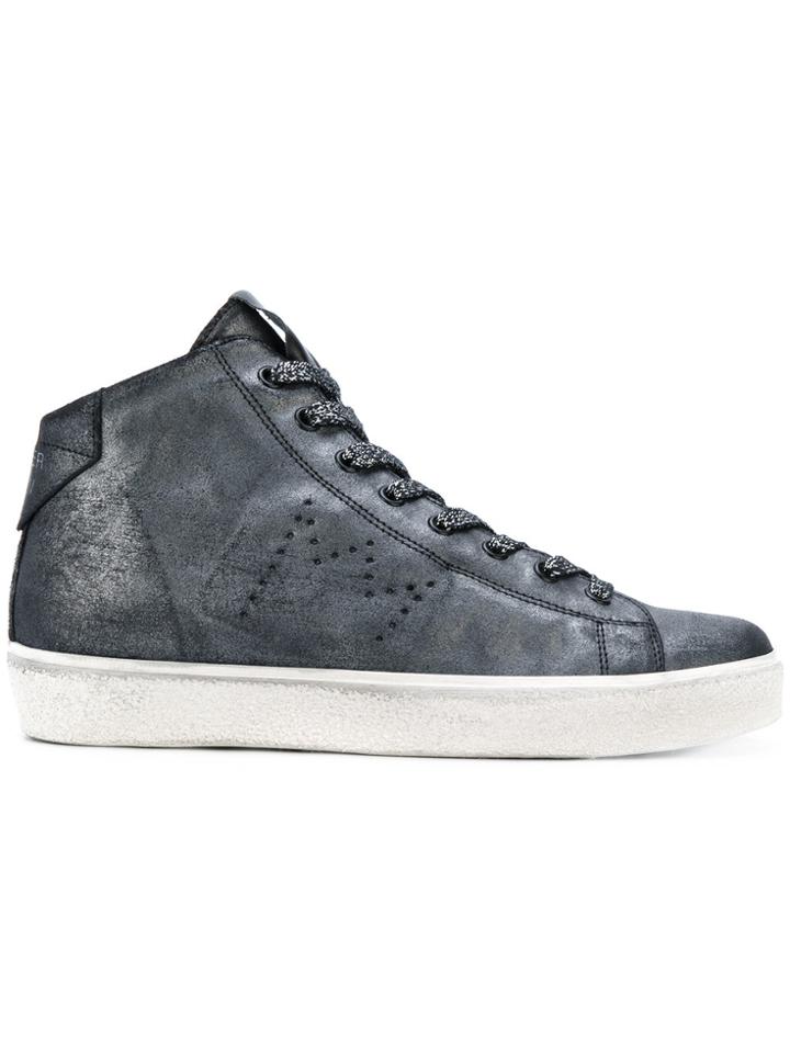 Leather Crown Perforated Crown Hi-top Sneakers - Black