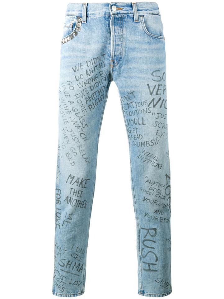 Gucci Punk Printed Jeans, Men's, Size: 34, Blue, Brass/cotton