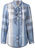 Burberry - Ruffle Trim Checked Shirt - Women - Cotton - 12, Blue, Cotton