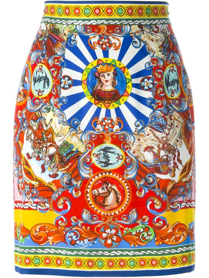 Dolce & Gabbana Carretto Siciliano Print Skirt, Women's, Size: 40, Red, Silk/spandex/elastane