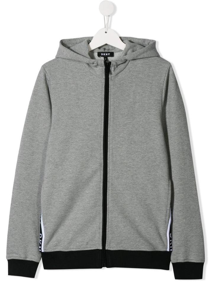 Dkny Kids Teen Logo Stripe Zip Front Hoodie - Grey