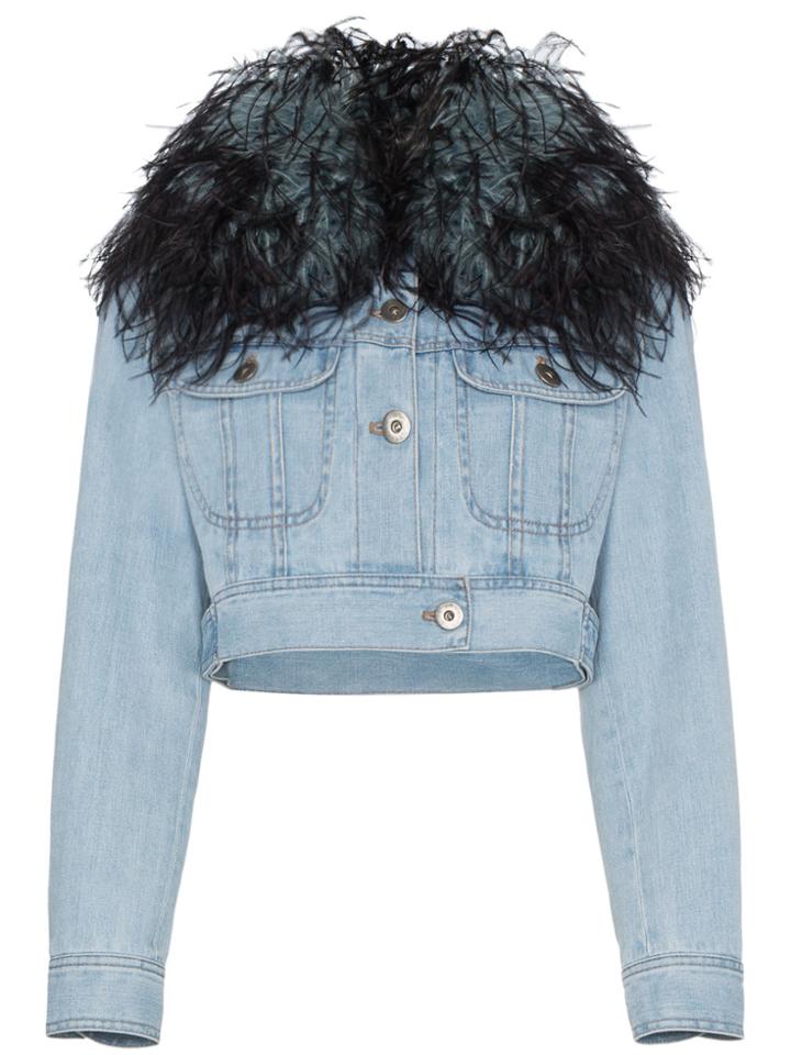 Prada Cropped Denim Jacket With Feather Collar - Blue
