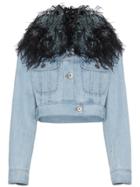 Prada Cropped Denim Jacket With Feather Collar - Blue