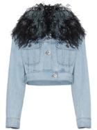 Prada Cropped Denim Jacket With Feather Collar - Blue