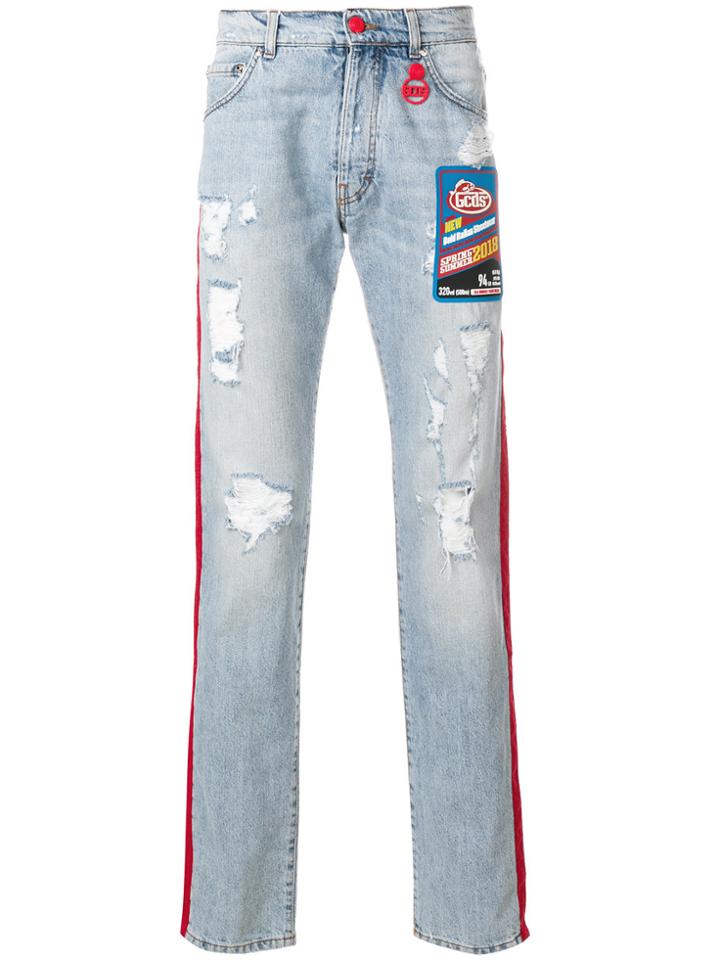 Gcds Contrast Side Panel Distressed Jeans With A Patch Detail - Blue