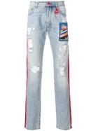 Gcds Contrast Side Panel Distressed Jeans With A Patch Detail - Blue