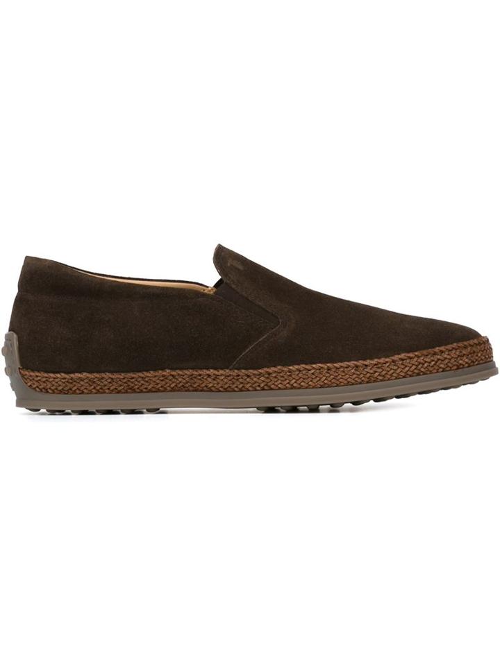 Tod S Braided Trim Slip-on Sneakers, Men's, Size: 6.5, Brown, Raffia/leather/rubber