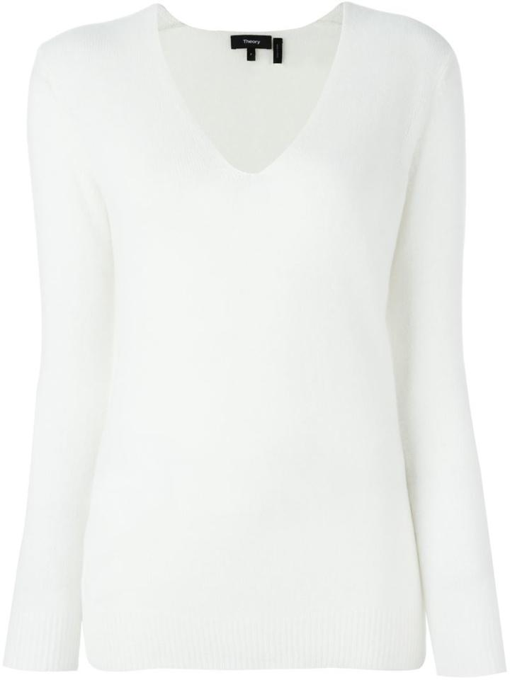 Theory V-neck Sweater, Women's, Size: Medium, White, Cashmere