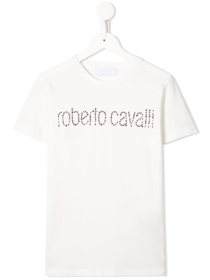 Roberto Cavalli Junior Teen Crystal Embellished Logo T-shirt - White