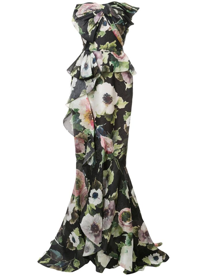 Marchesa Macro Floral Print Gown - Black