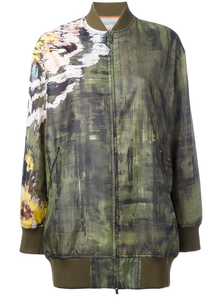 Valentino Abstract Print Bomber Jacket, Women's, Size: 40, Green, Silk/polyamide/spandex/elastane/cotton