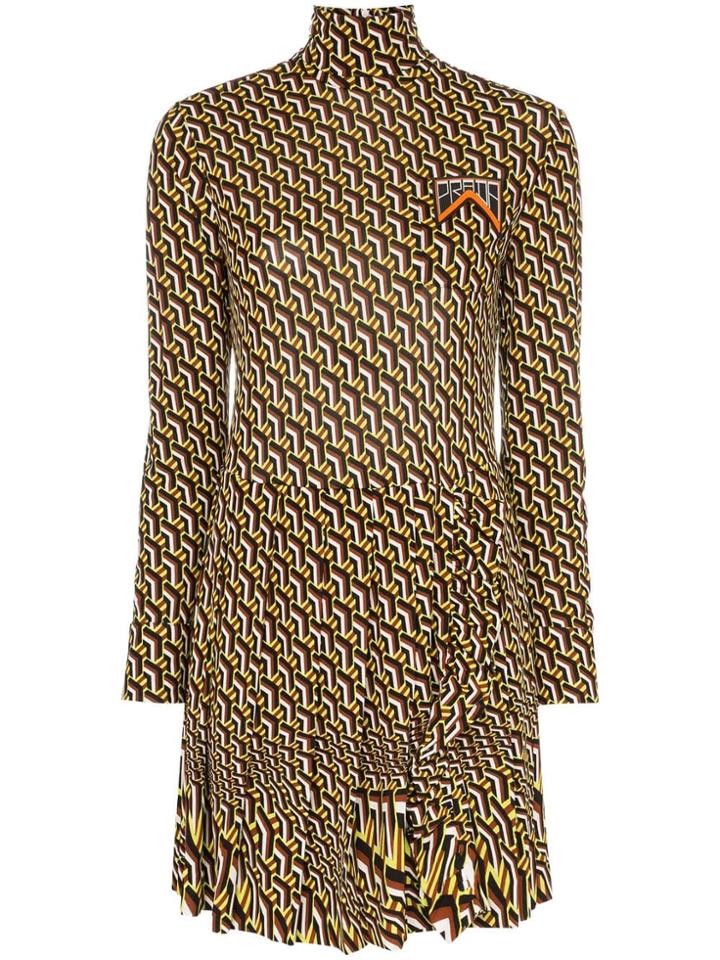 Prada Graphic Print Turtleneck Pleated Skirt Dress - Multicolour